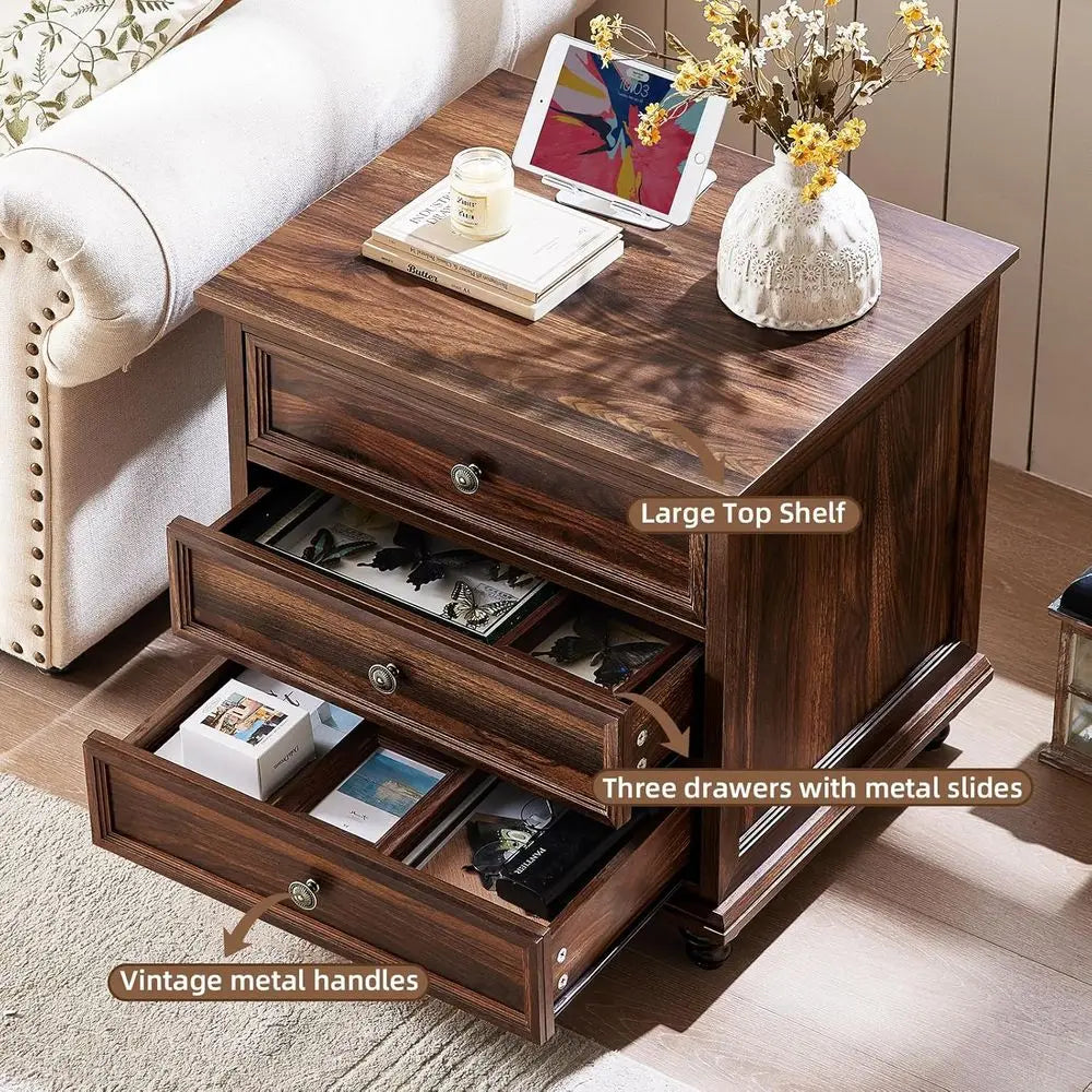 2-Piece Brown Wood Nightstand Set with Drawers – Wide Farmhouse End Tables with Metal Handles for Bedroom & Living Room