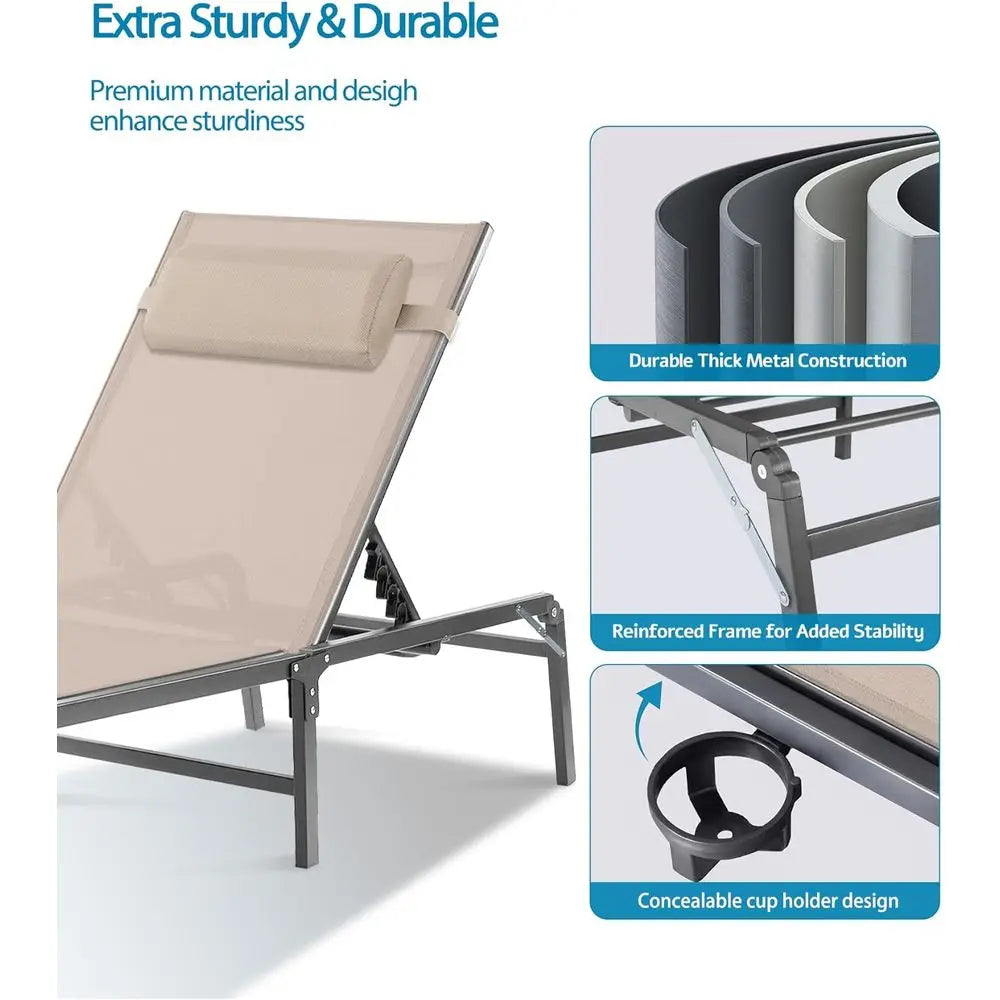 2-Pack Collapsible Outdoor Chaise Lounge Chairs with Cup Holder, Adjustable Backrest & Detachable Pillow – Khaki