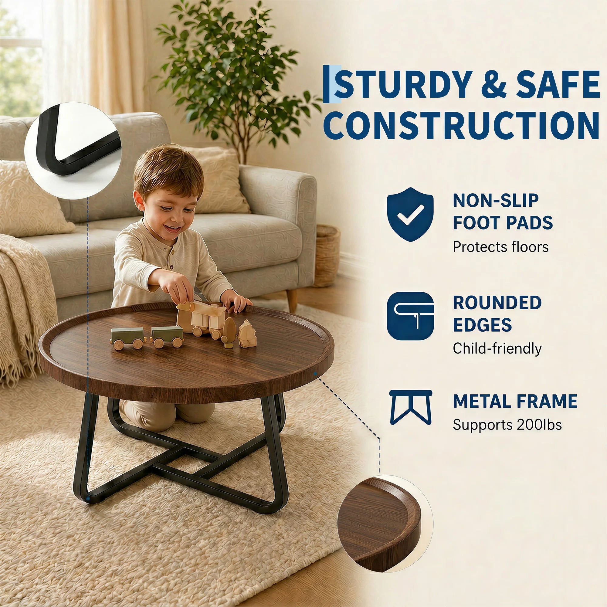 19.7In Minimalist round Side Table, Small Coffee Tea End Table with Metal Frame for Living Room Bedroom Decor