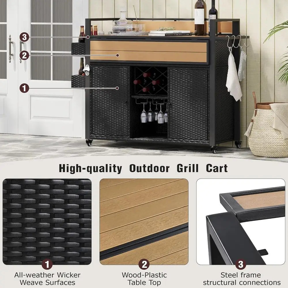 Black Outdoor Wicker Bar Cart with Extendable Plastic Wood Top and Large Storage Cabinet for Patio, Garden, and Poolside