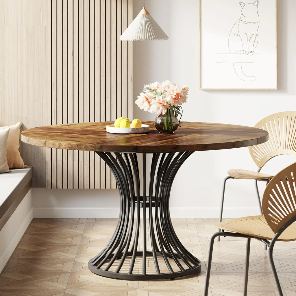round Dining Table for 4-6 People, 47-Inch Farmhouse Dinning Room Table Circle Kitchen Table, Industrial Dinner Table
