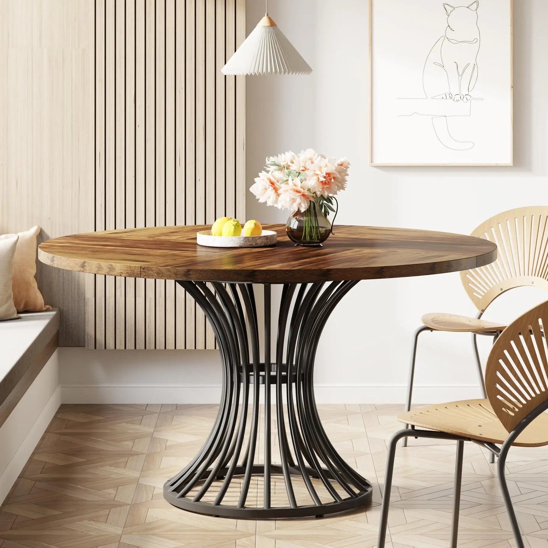 round Dining Table for 4-6 People, 47-Inch Farmhouse Dinning Room Table Circle Kitchen Table, Industrial Dinner Table