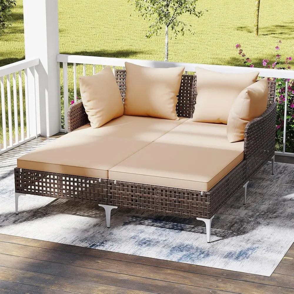 Outdoor Double Chaise Lounger with Cushions and Pillows for Patio, Garden, and Poolside (Beige, 27.5''H)