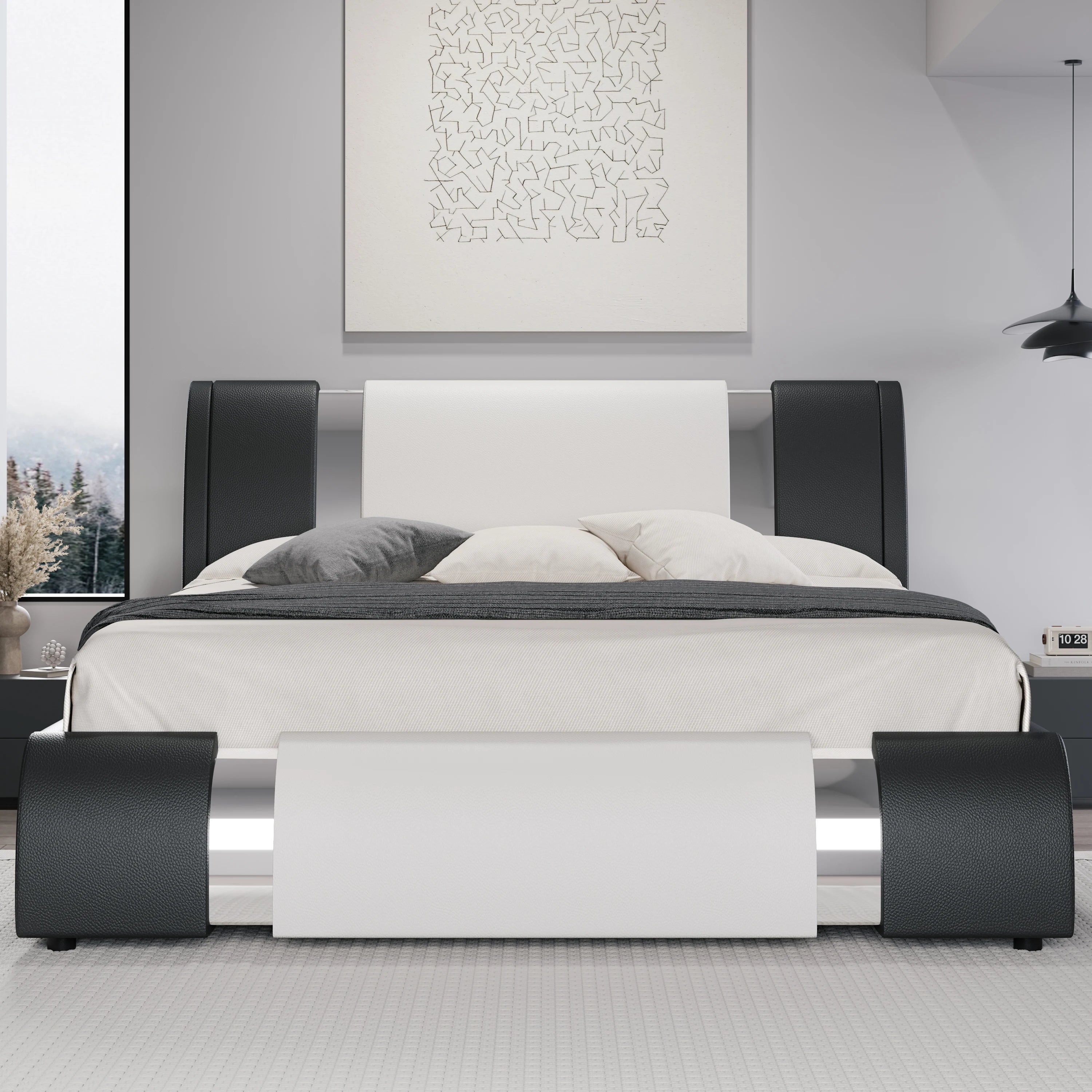Modern Faux Leather Bed Frame with Iron Pieces Decor, Low Profile Platform Bed with Height-Adjustable Headboard