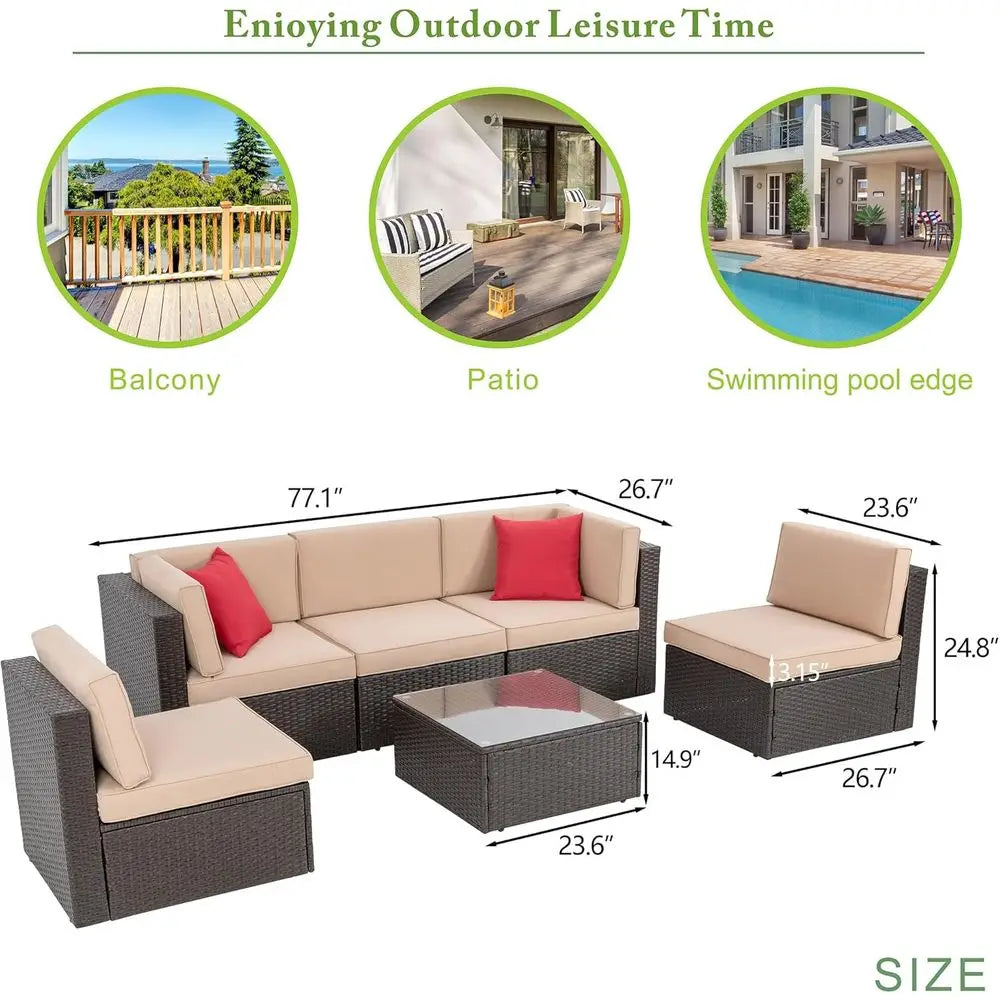 6-Piece Outdoor Sectional Sofa Set, Beige PE Wicker Rattan Patio Furniture with Coffee Table for Garden, Backyard, Poolside