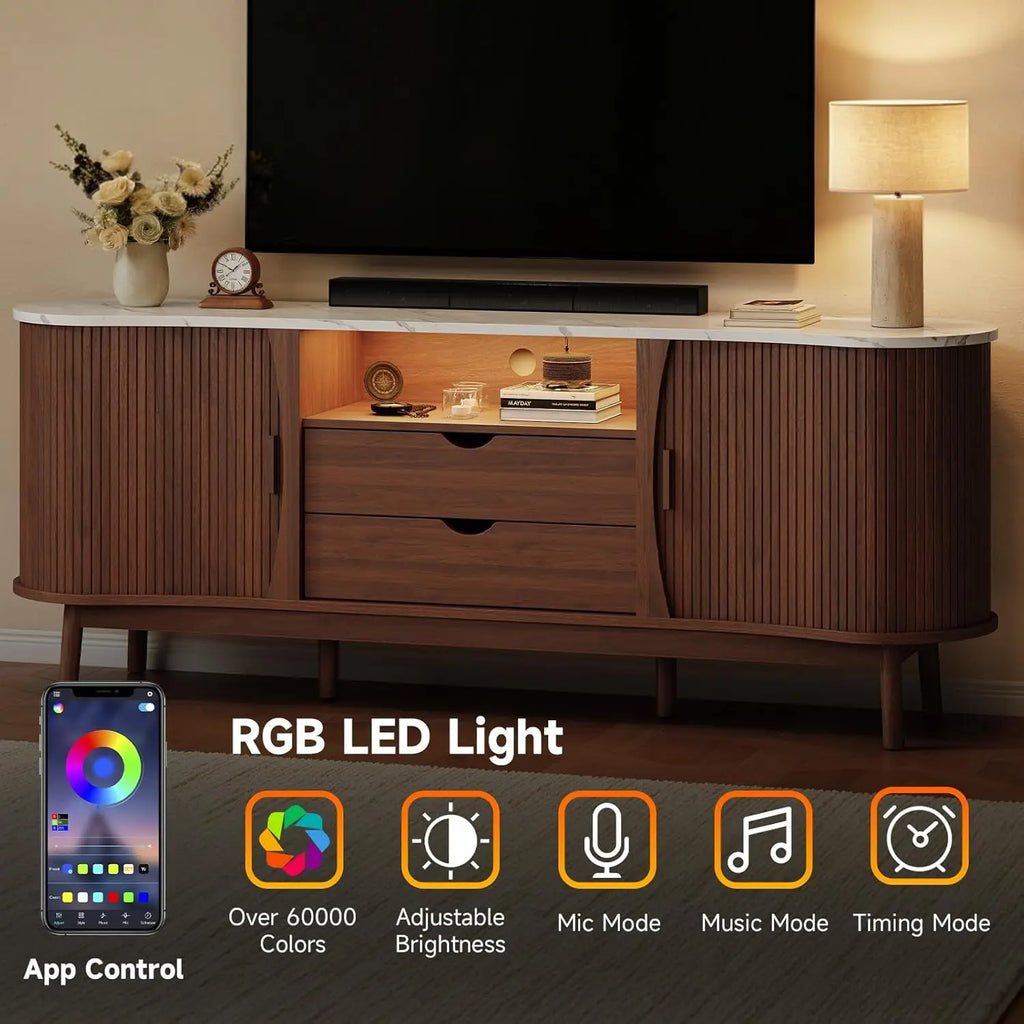 70-Inch Fluted TV Stand Entertainment Center for Tvs up to 80", Mid-Century Modern Bean-Shaped Console with Usb/Outlet, LED Lights & Storage - for Living Room, Bedroom (Black/Walnut)