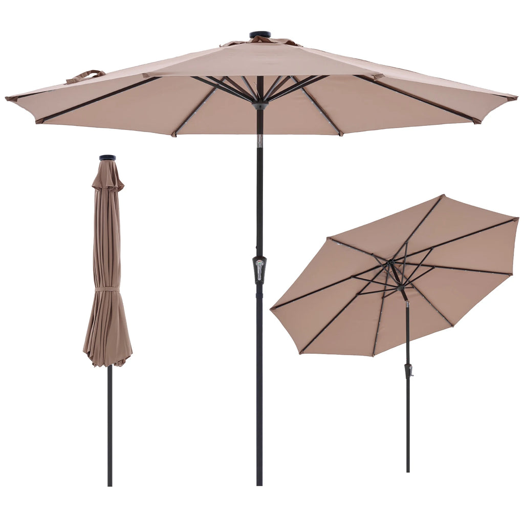 10FT with 32 LED Lights Solar Patio Umbrella Uv-Resistant Outdoor Table Umbrella with Tilt and Crank for Outdoor Backyard Garden