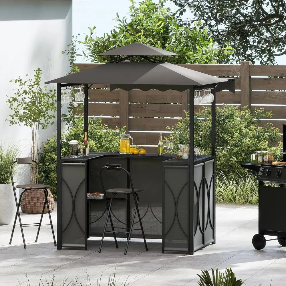 Gray 3-Piece Patio Bar Set with Grill Gazebo, Folding Bar Stools, Awning, Metal Shelves, and Drink Holders
