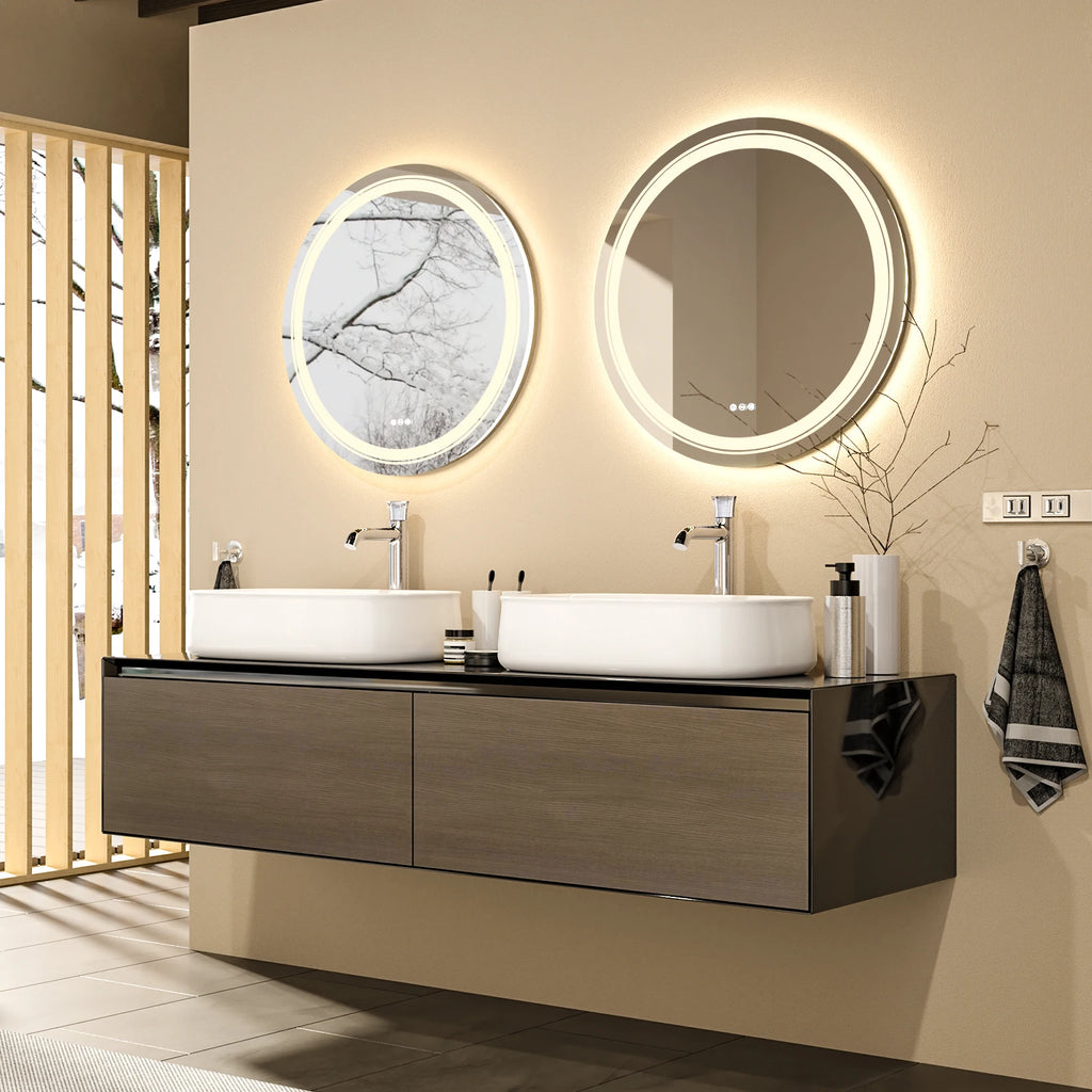 600Mm LED round Wall Mounted Vanity Mirror with Demister Pad Smart Touch Sensor Memory Function Backlit Front Lighted 3 Colors