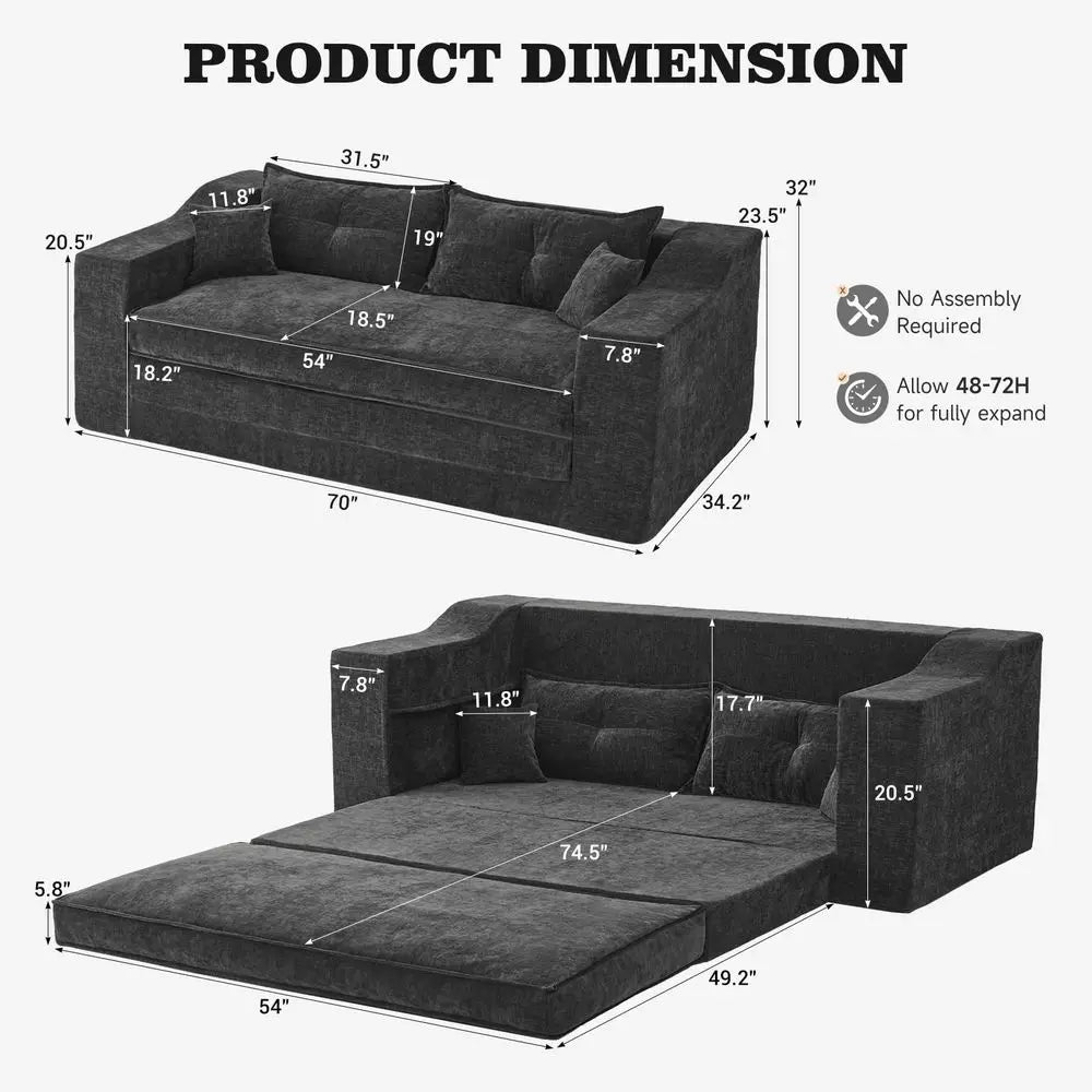 70 Oversized Loveseat Sofa Couch, 3 in 1 Boneless Couch with 4 Pillows, Convertible Sofa Bed Pull Out Couch for Living Room Apa