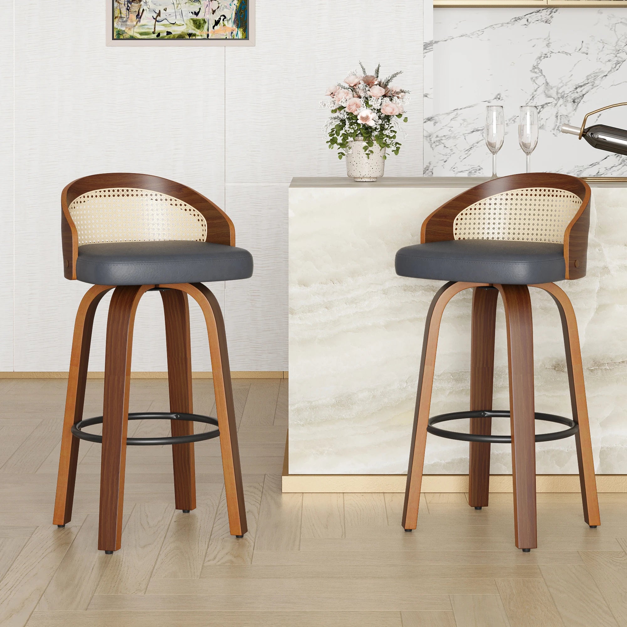 Set of 2 Swivel Bar Stools, Modern Wood Frame with Rattan Back, PU Leather Seat for Kitchen Counter, Bar Table