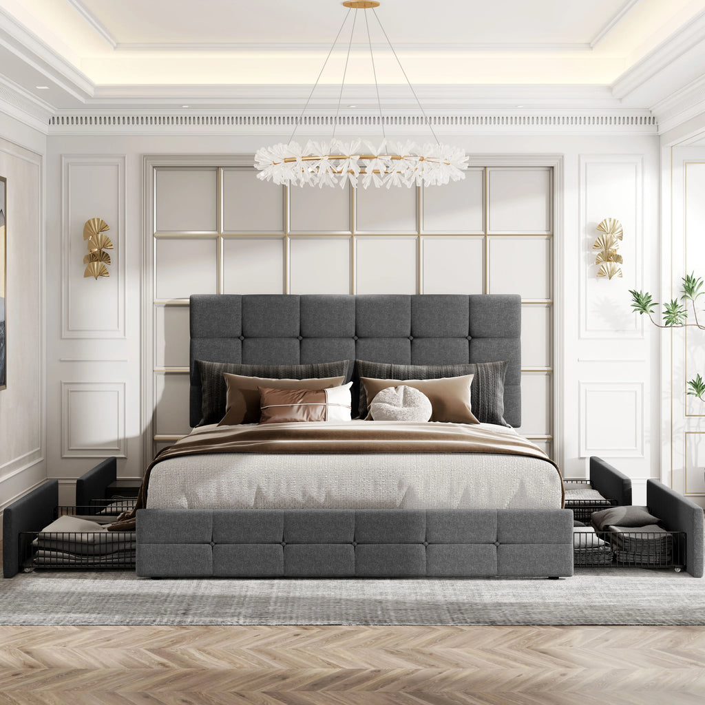 Platform Storage Bed Frame with 4 Drawers, Adjustable Headboard with Square Stitched Button Tufted Design Allewie