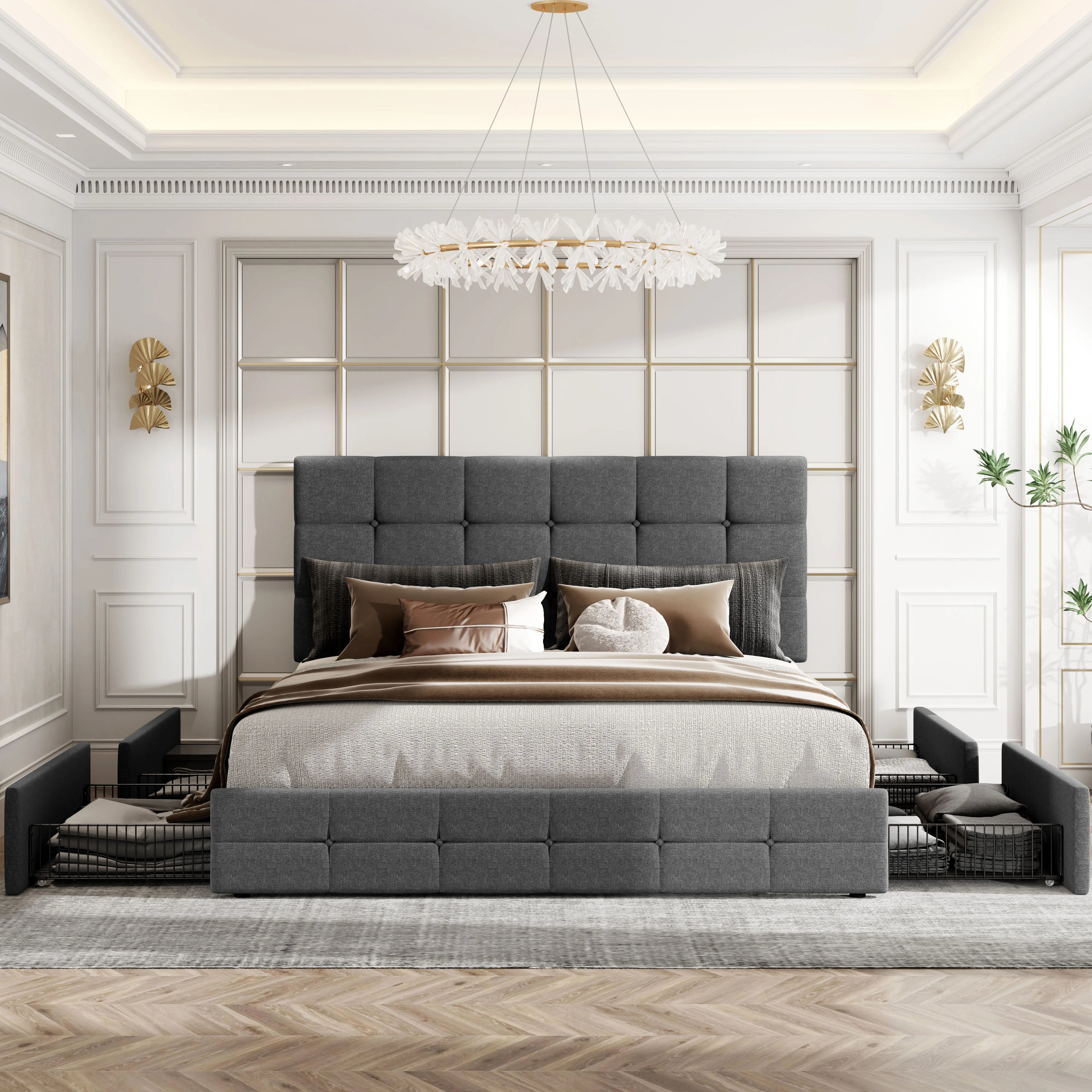 Platform Storage Bed Frame with 4 Drawers, Adjustable Headboard with Square Stitched Button Tufted Design Allewie