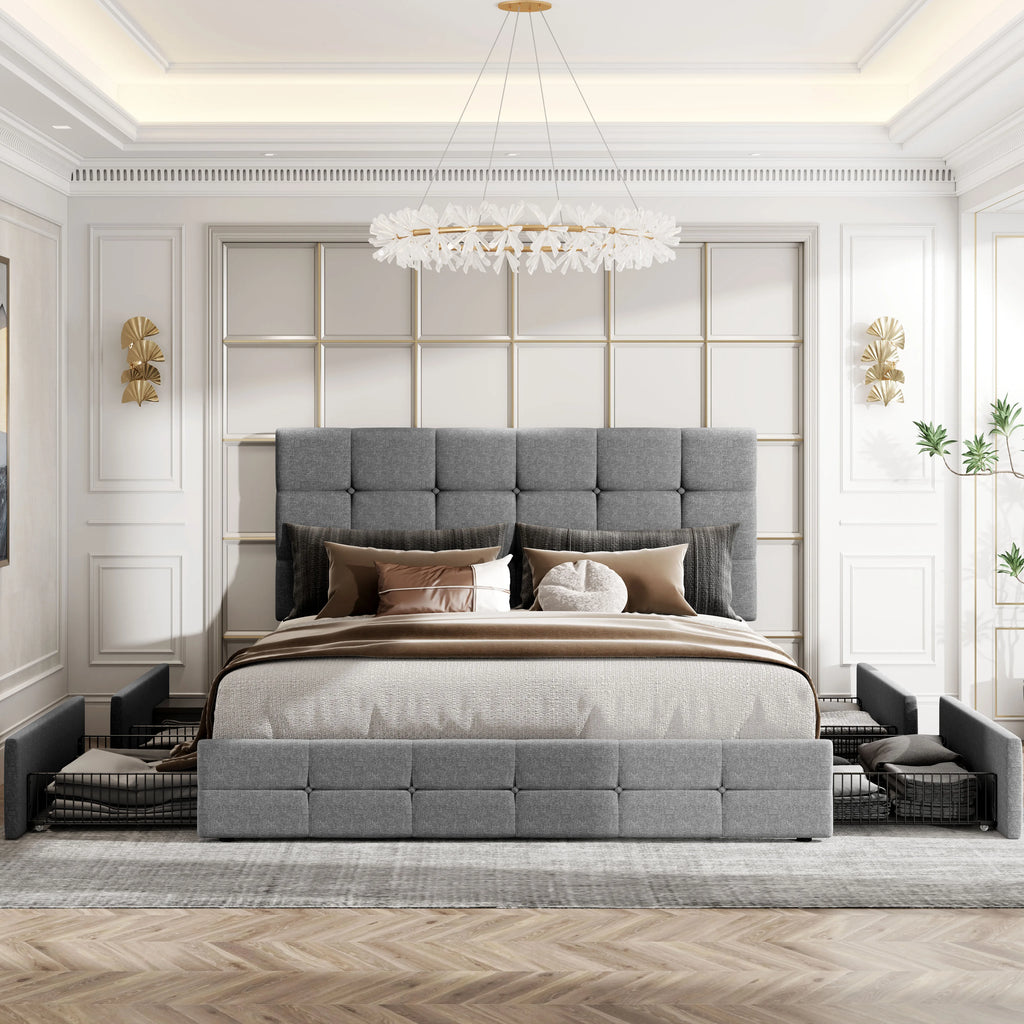 Platform Storage Bed Frame with 4 Drawers, Adjustable Headboard with Square Stitched Button Tufted Design Allewie