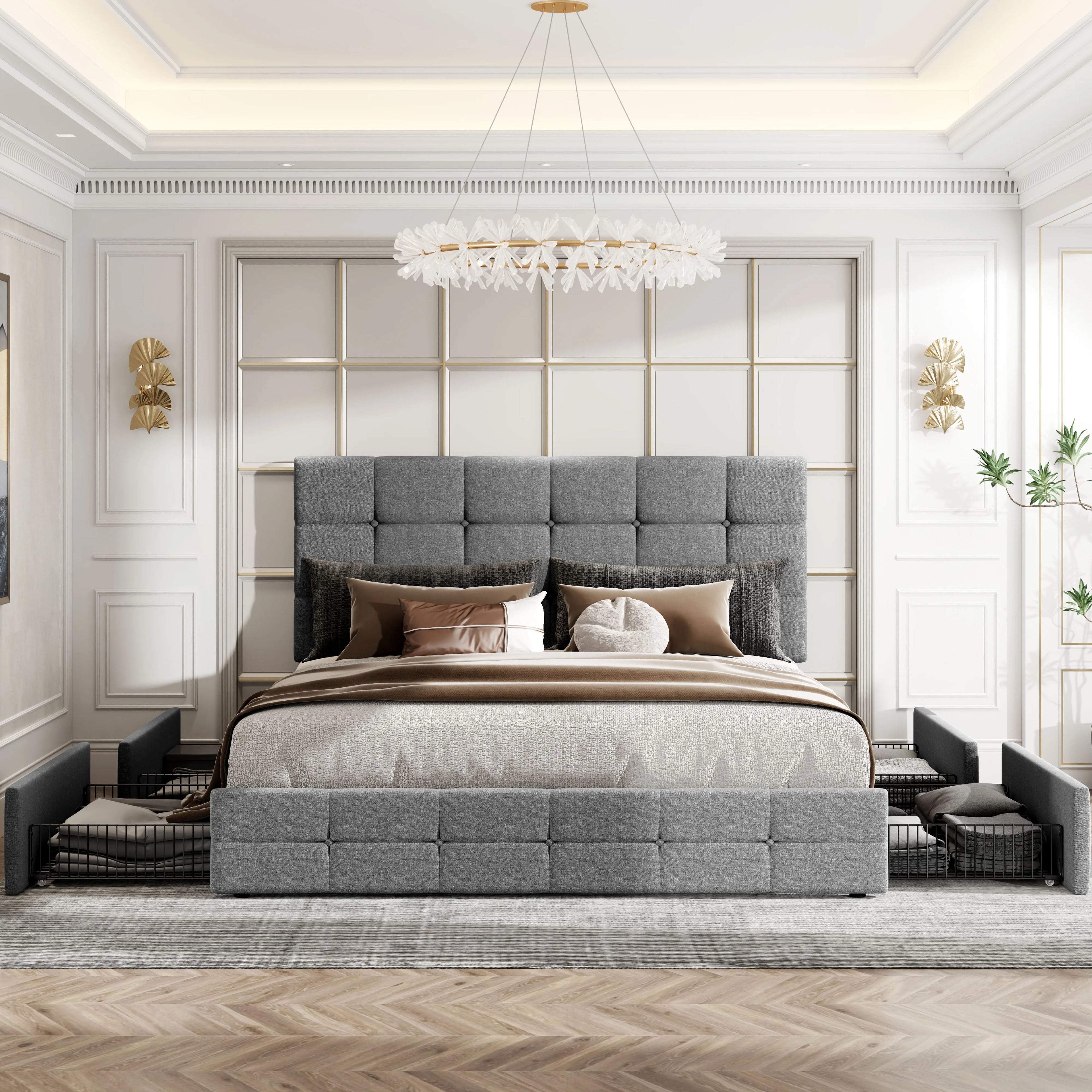 Platform Storage Bed Frame with 4 Drawers, Adjustable Headboard with Square Stitched Button Tufted Design Allewie