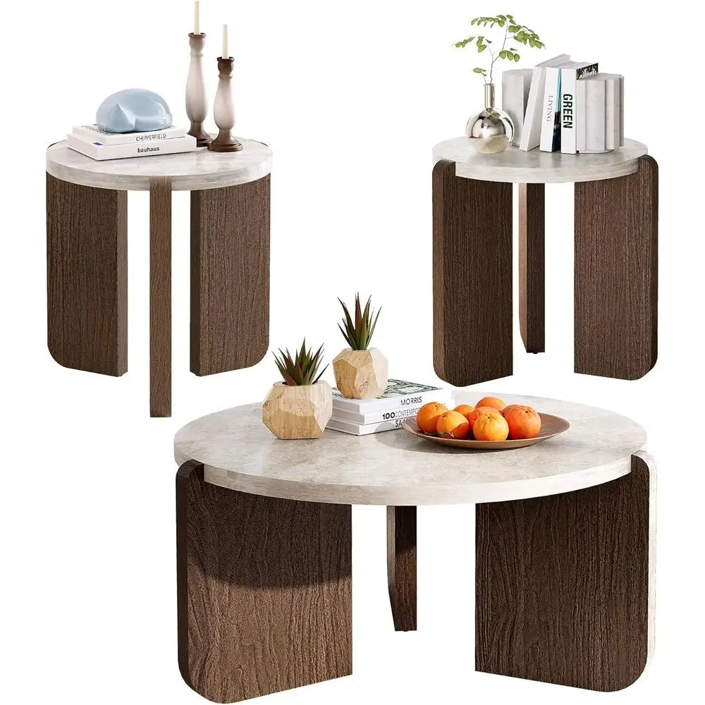 3-Piece Marble Living Room Coffee and End Table Set for Small Spaces, Easy Assembly