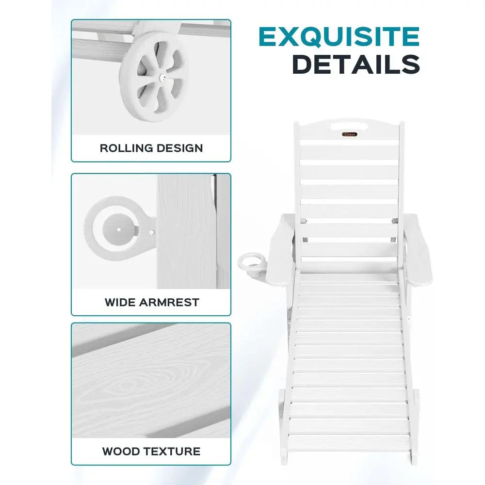 All-Weather Outdoor Lounge Set of 4 – HDPE Patio Chaise Chairs with Wheels, Cup Holder & 5-Position Adjustable Backrest – White