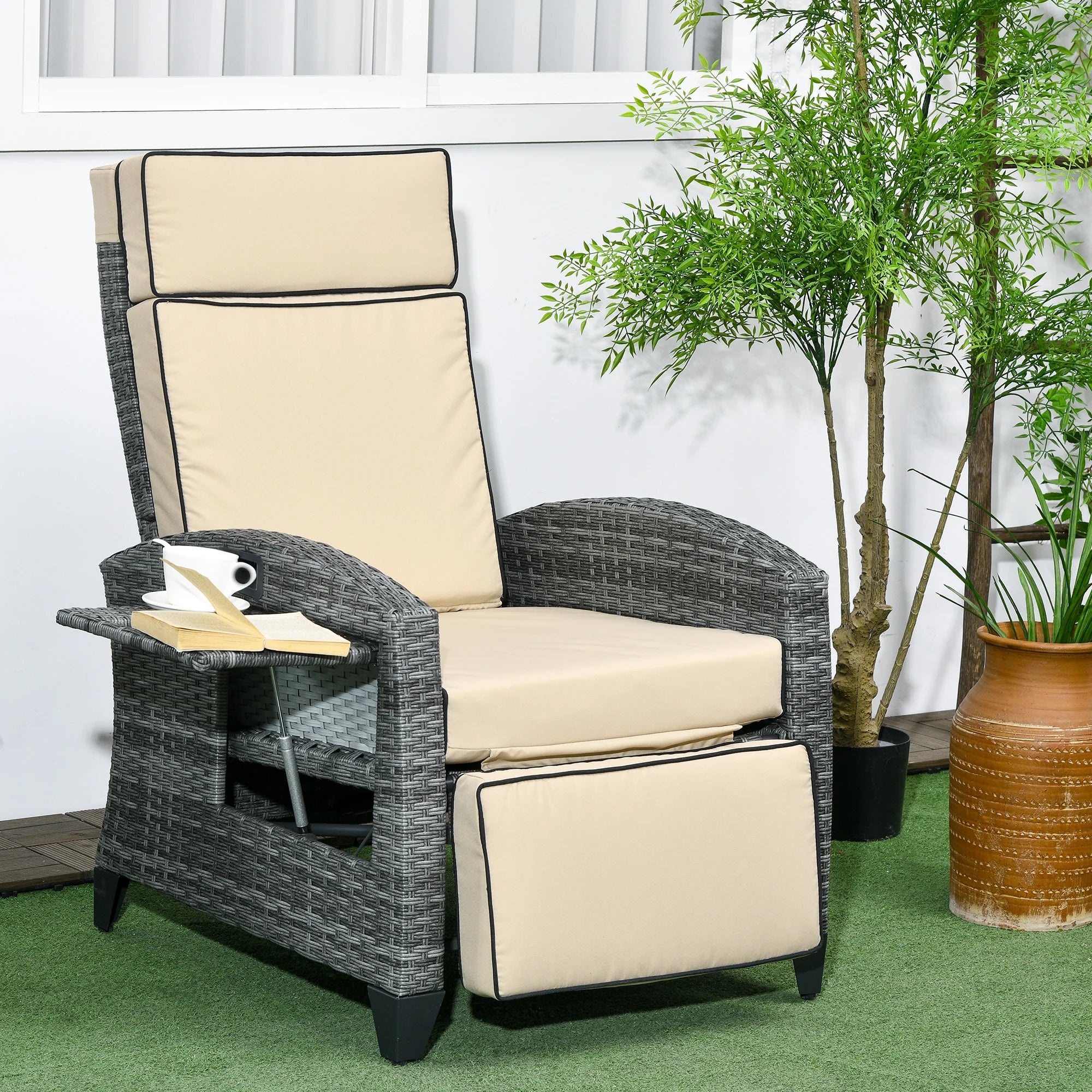 Outdoor Recliner Chair with Adjustable Backrest, Cushion, Khaki