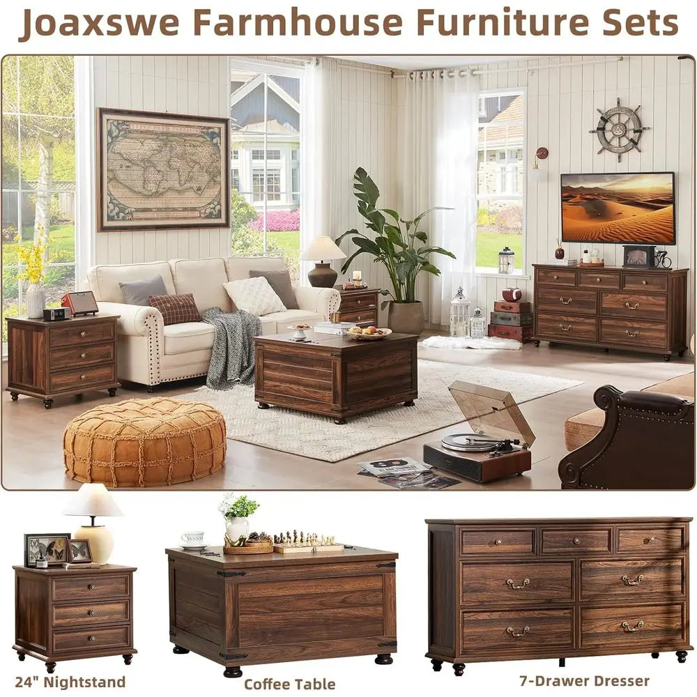 2-Piece Brown Wood Nightstand Set with Drawers – Wide Farmhouse End Tables with Metal Handles for Bedroom & Living Room