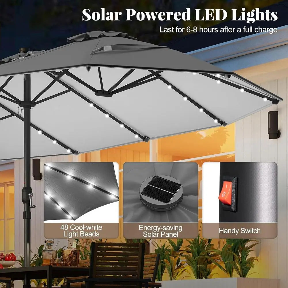 11-Piece Outdoor Patio Dining Set with Double-Sided LED Umbrella and Acacia Wood Table