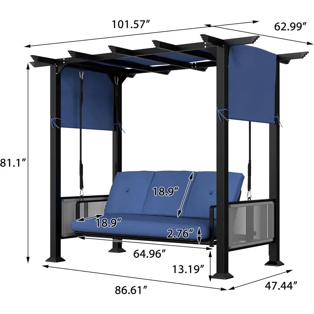 3-Seat Outdoor Metal Swing Bed with Cushion and Adjustable Curtains, Convertible Patio or Porch Swing Chair, Ideal for Backyard
