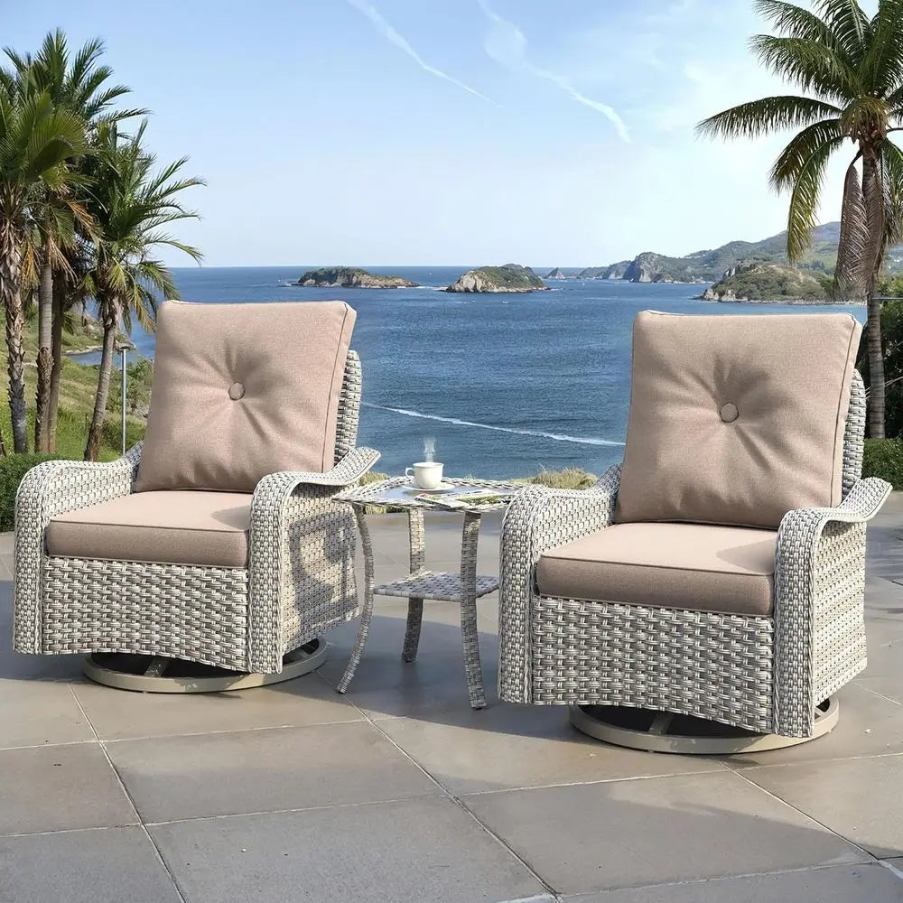All-Weather High Back Swivel Rocker Patio Furniture Set with Cushions and Side Table, Suitable for Garden, Backyard, Porch, Beig