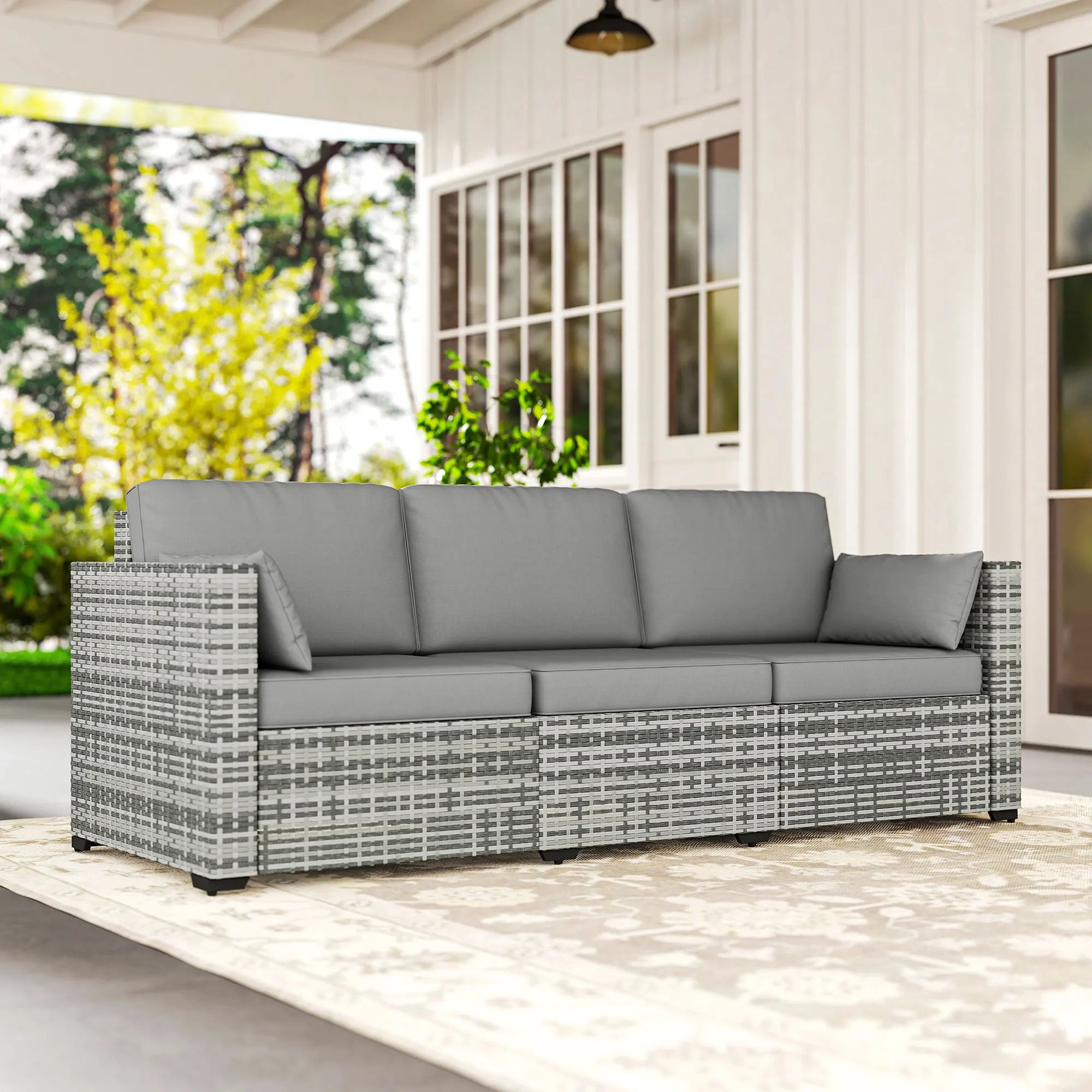 Wicker Patio Couch, Pe Rattan 3-Seat Sofa, Outdoor Furniture with Deep Seating, Cushions, Steel Frame, Gray