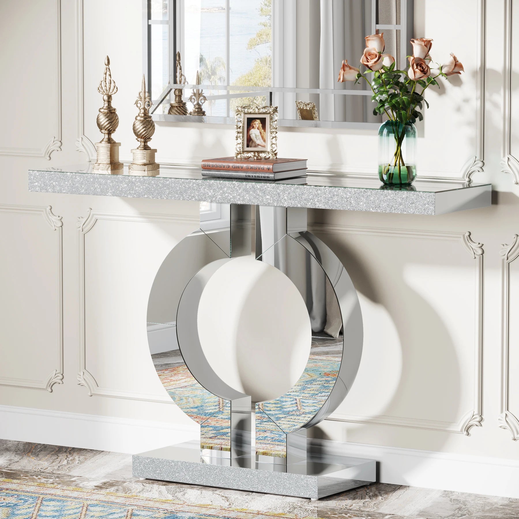 43.3-Inch (110Cm)Mirrored Console Table, Modern Entryway Table with Thickened Mirror Finish Tabletop
