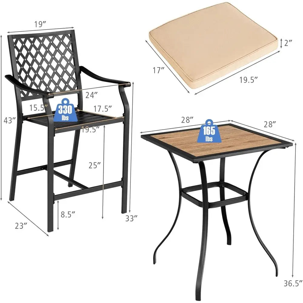 Outdoor Patio Bar Chairs Set of 4 with Cushions, Metal Bistro Style, All-Weather for Garden, Backyard, Porch, Lawn, and Poolside