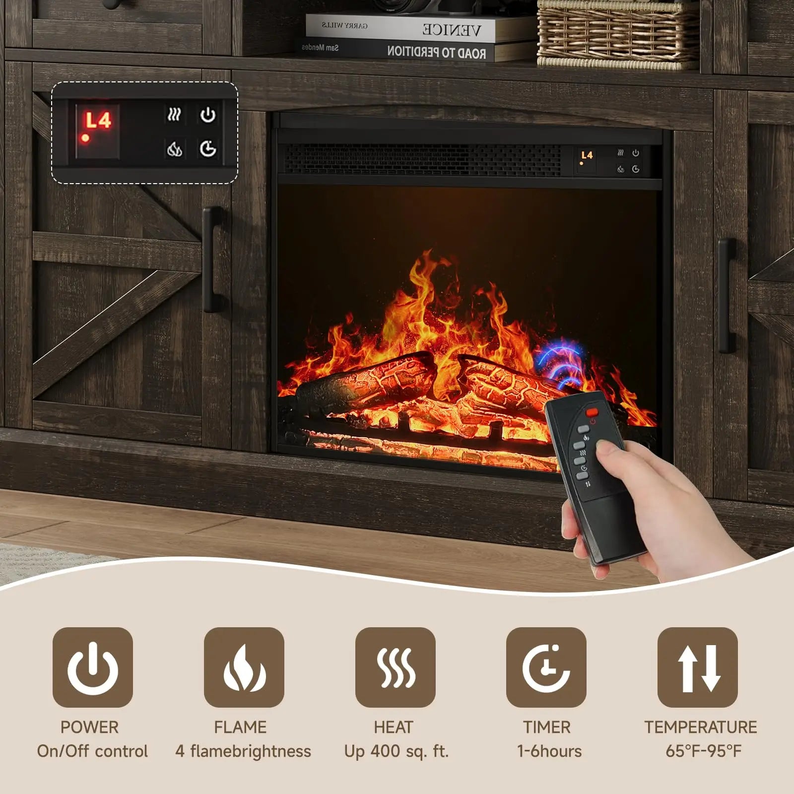 Brand Farmhouse Fireplace Entertainment Center for Tvs up to 70 Inches, Media Console Table with 23-Inch Electric Fireplace, Drawers and Storage