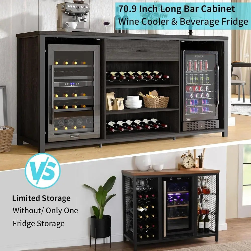70 Inch Rustic Wood and Metal Large Wine Cabinet with Storage for Kitchen Dining Room