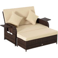Beige Rattan Daybed with Cushions, Outdoor Wicker Lounge Bed Set, Ottoman, Coffee and Side Tables for Patio, Poolside
