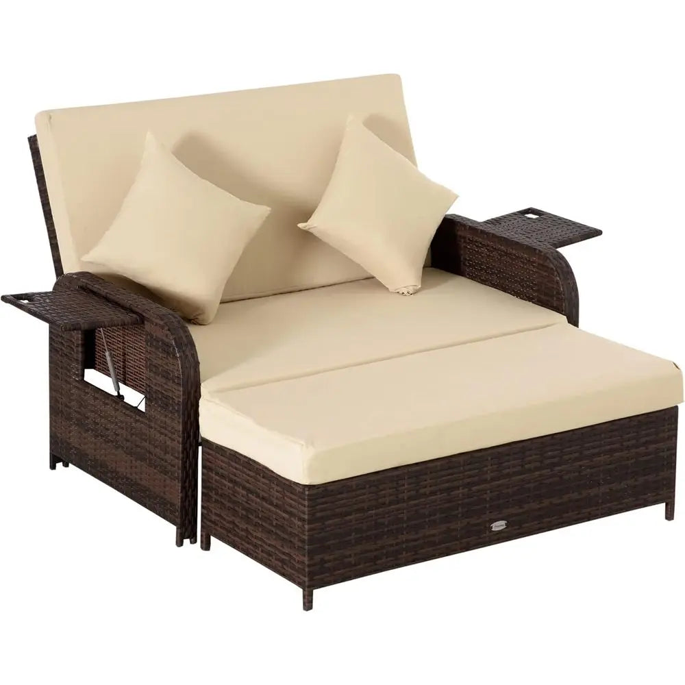 Beige Rattan Daybed with Cushions, Outdoor Wicker Lounge Bed Set, Ottoman, Coffee and Side Tables for Patio, Poolside