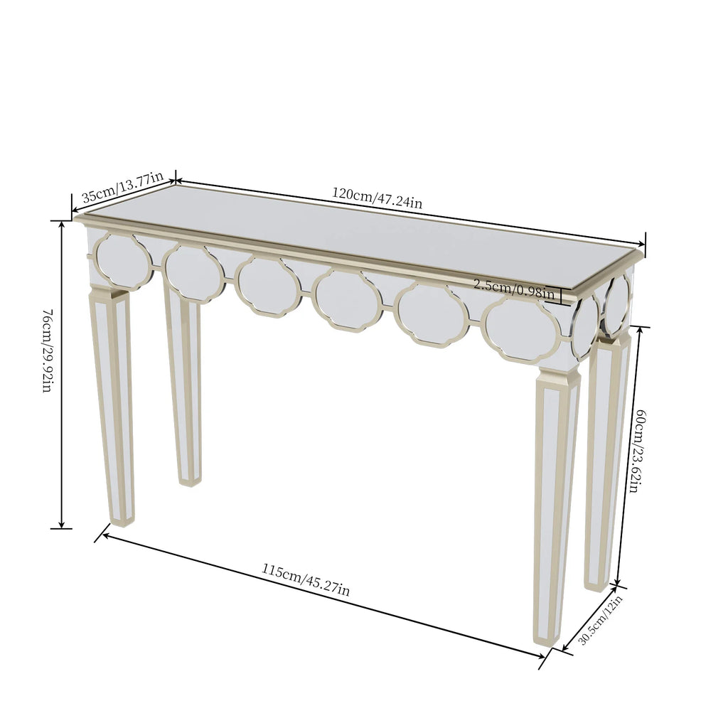Mirrored Console Table:Modern Rectangular Silver Mirrored Entryway Table with Gold Rim Decorative Sofa Table 4 Legs for Hallway