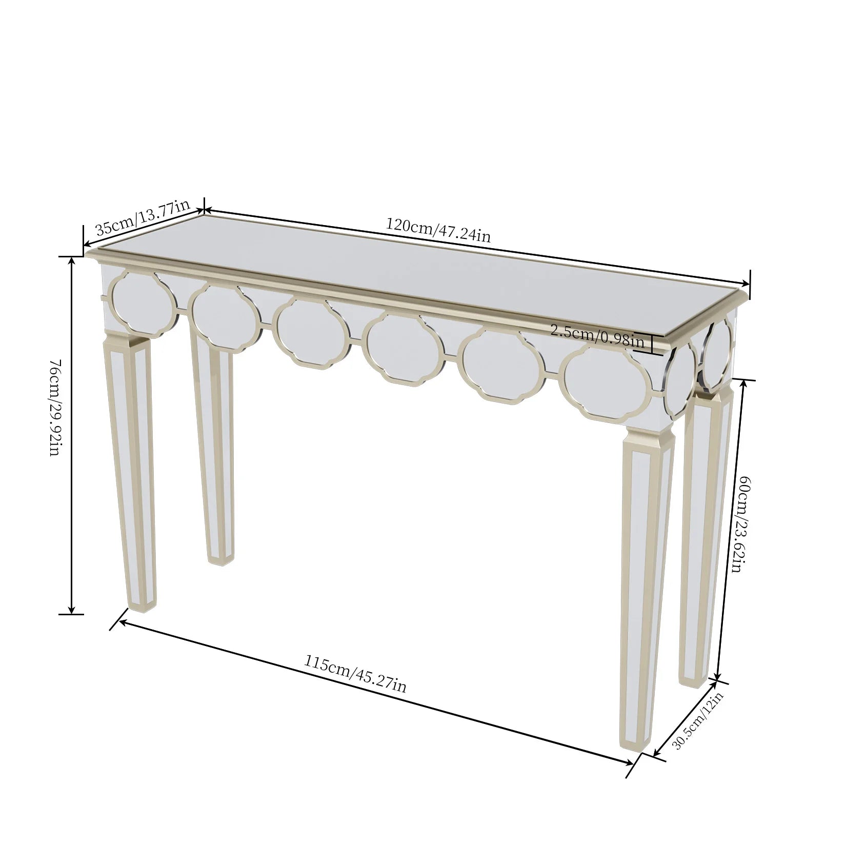 Mirrored Console Table:Modern Rectangular Silver Mirrored Entryway Table with Gold Rim Decorative Sofa Table 4 Legs for Hallway
