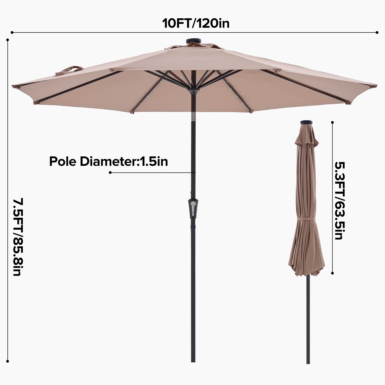 10FT with 32 LED Lights Solar Patio Umbrella Uv-Resistant Outdoor Table Umbrella with Tilt and Crank for Outdoor Backyard Garden