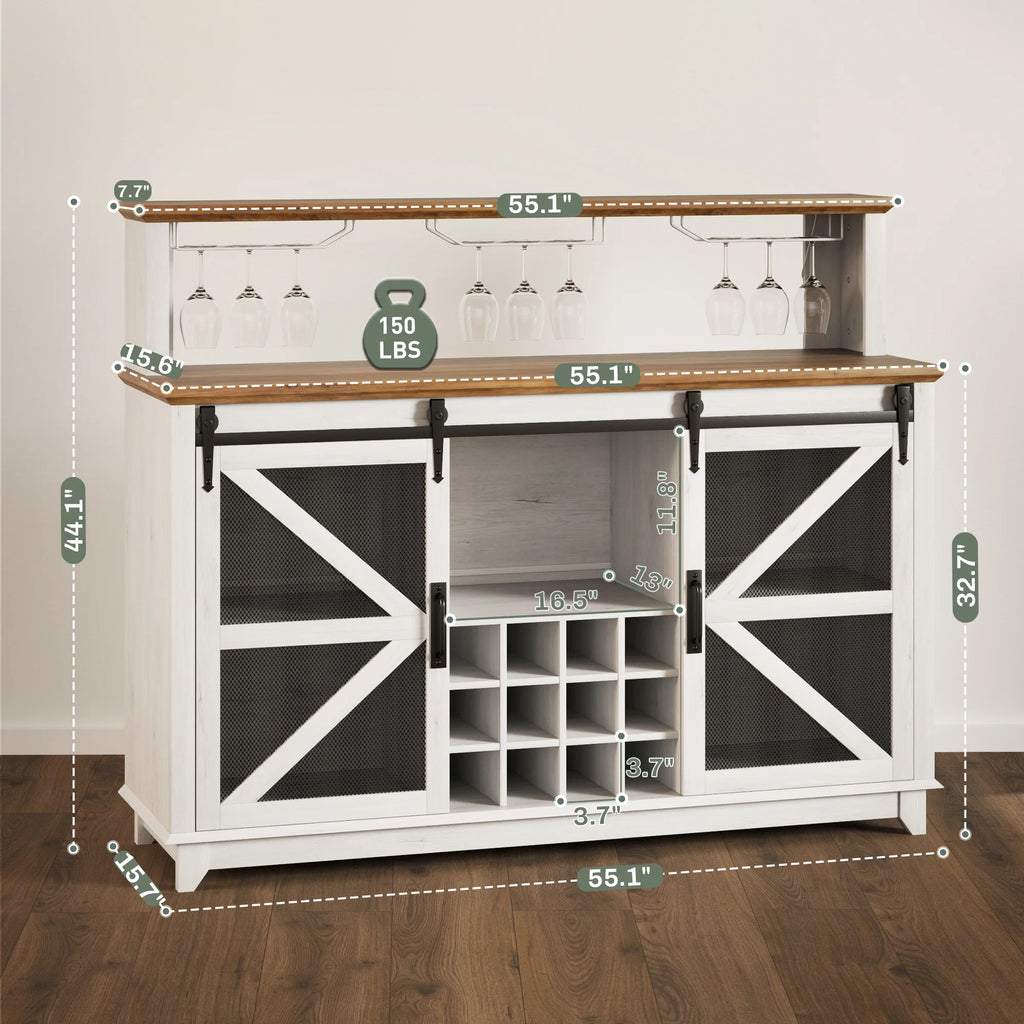 HOMCOM Farmhouse Coffee Bar Cabinet with Smart App Control LED Lights, 55" Wine Bar Cabinet with 12-Bottle Rack, Glass Holder, Kitchen Sideboard Buffet with Sliding Mesh Doors, Distressed White