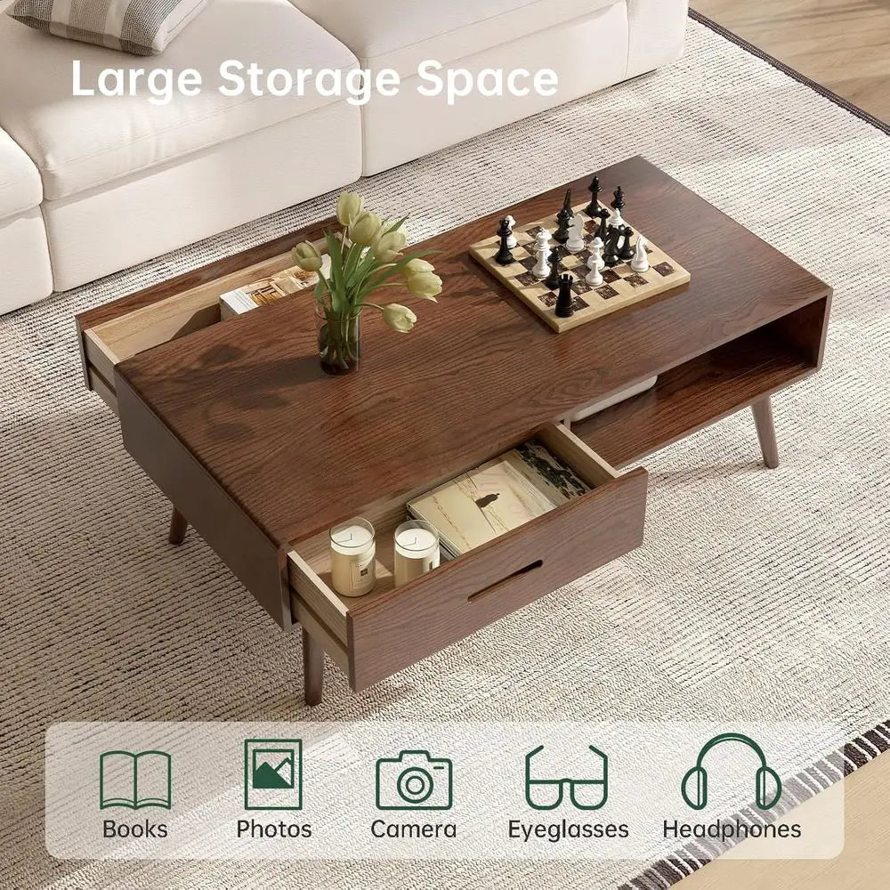 100% North American AS-grade oak Solid Oak Coffee Table with Storage Shelf & 2 Drawers – Modern Living Room Furniture in Oak Walnut Finish