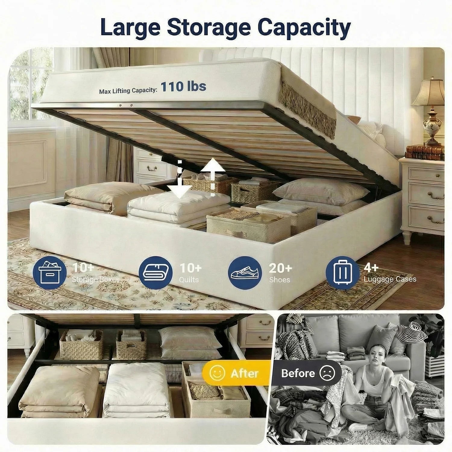 Full/Queen/King Lift up Storage Bed Frame, Hydraulic Support System, Upholstered Platform Bed Frame, underneath Storage,