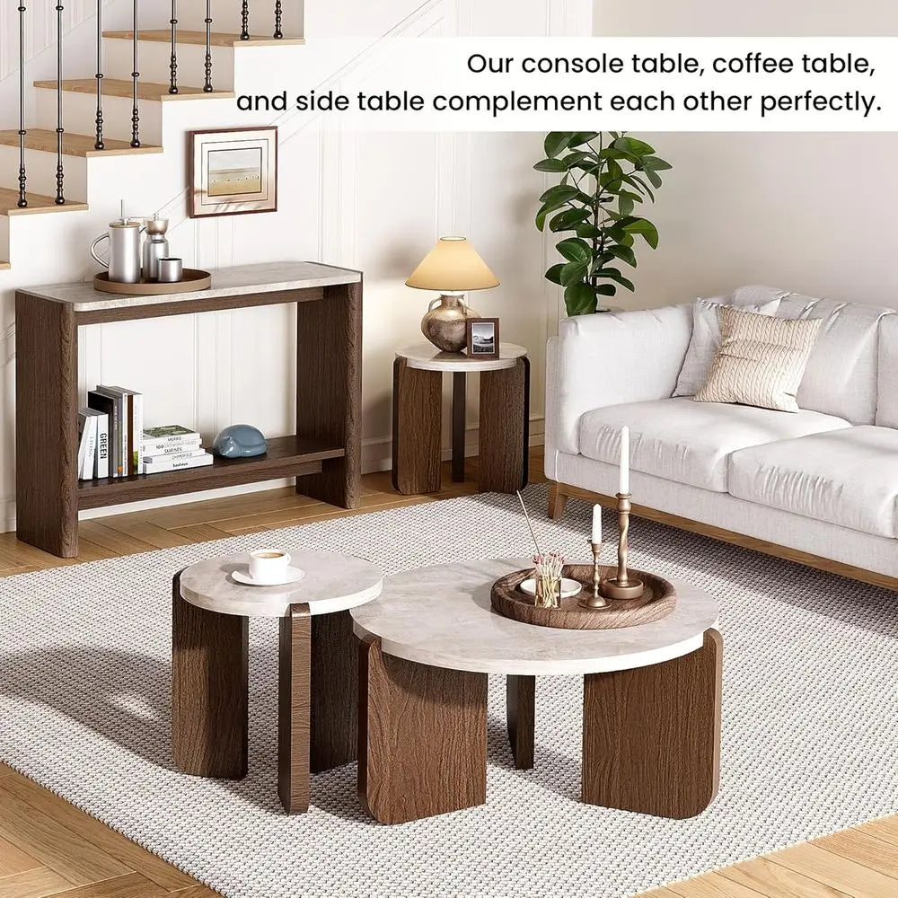 3-Piece Marble Living Room Coffee and End Table Set for Small Spaces, Easy Assembly