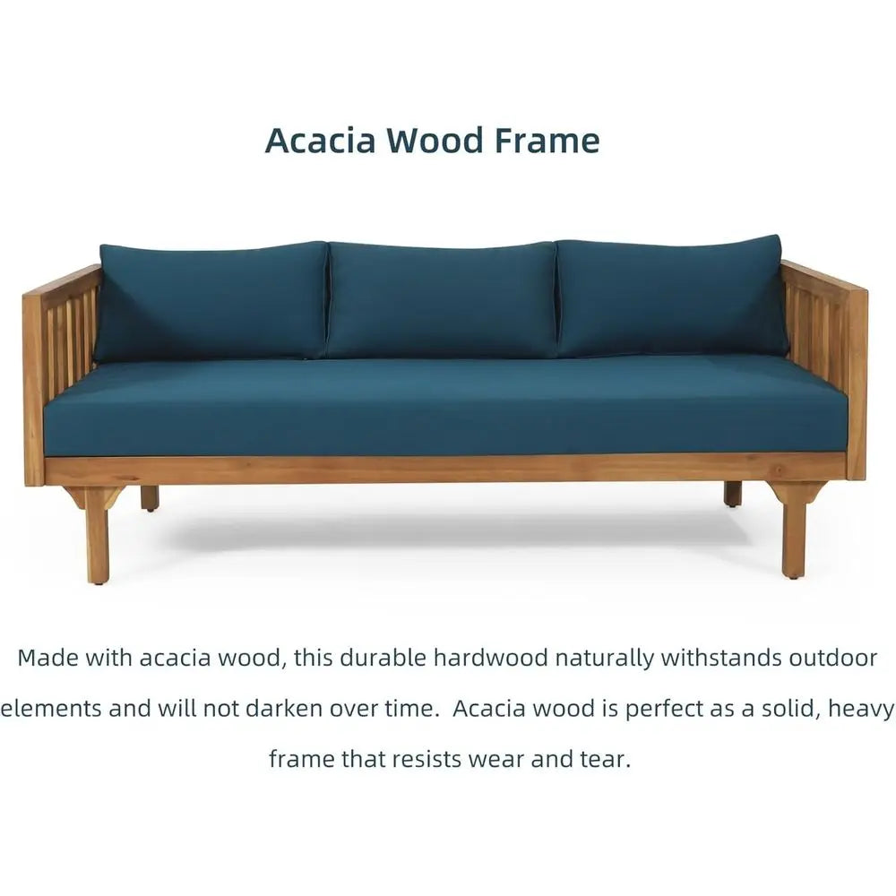 3-Seater Acacia Wood Daybed with Water-Resistant Cushions for Outdoor Patio and Garden, Blue