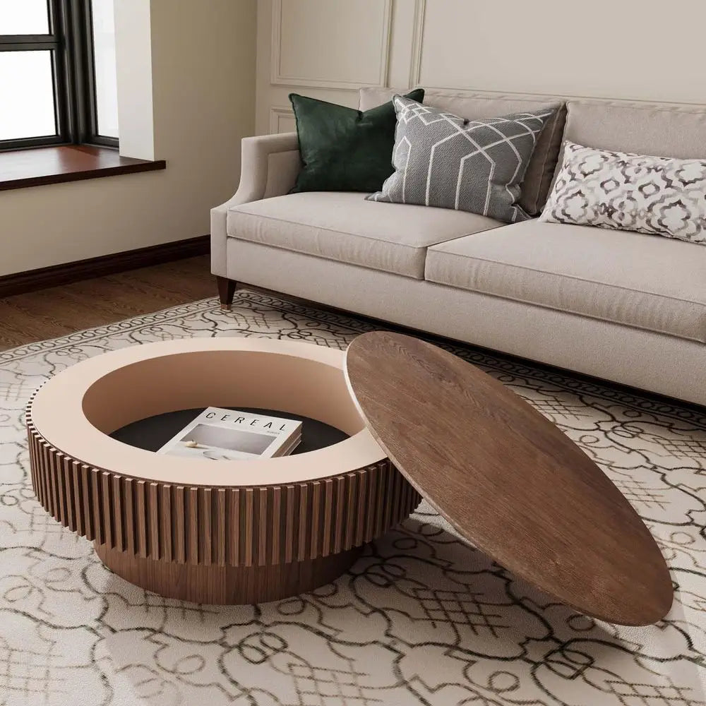 Walnut Round Coffee Table with Hidden Storage for Small Spaces – 31.5"