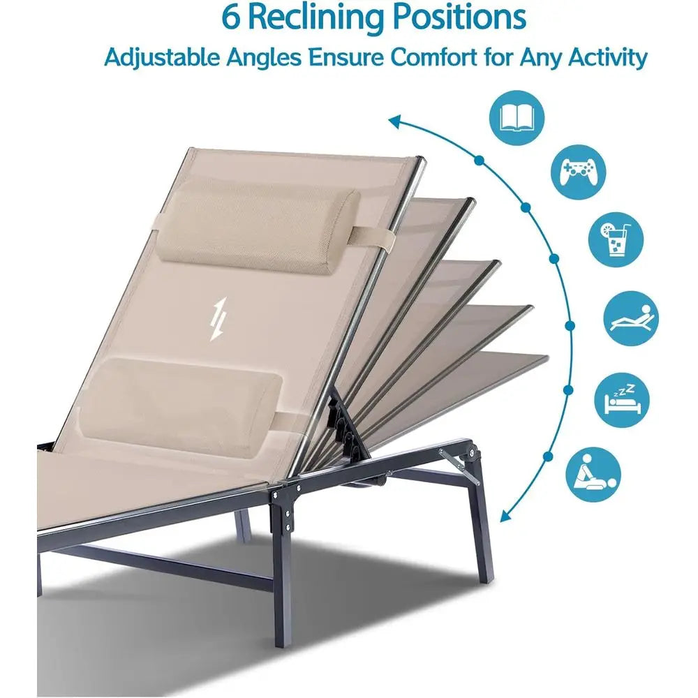 2-Pack Collapsible Outdoor Chaise Lounge Chairs with Cup Holder, Adjustable Backrest & Detachable Pillow – Khaki