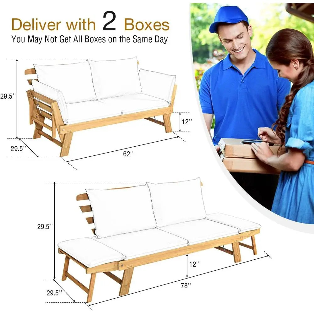 Transform Your Outdoor Space with the Convertible Acacia Wood Patio Couch Sofa Bed - Adjustable Armrests & Cozy Cushions Included!