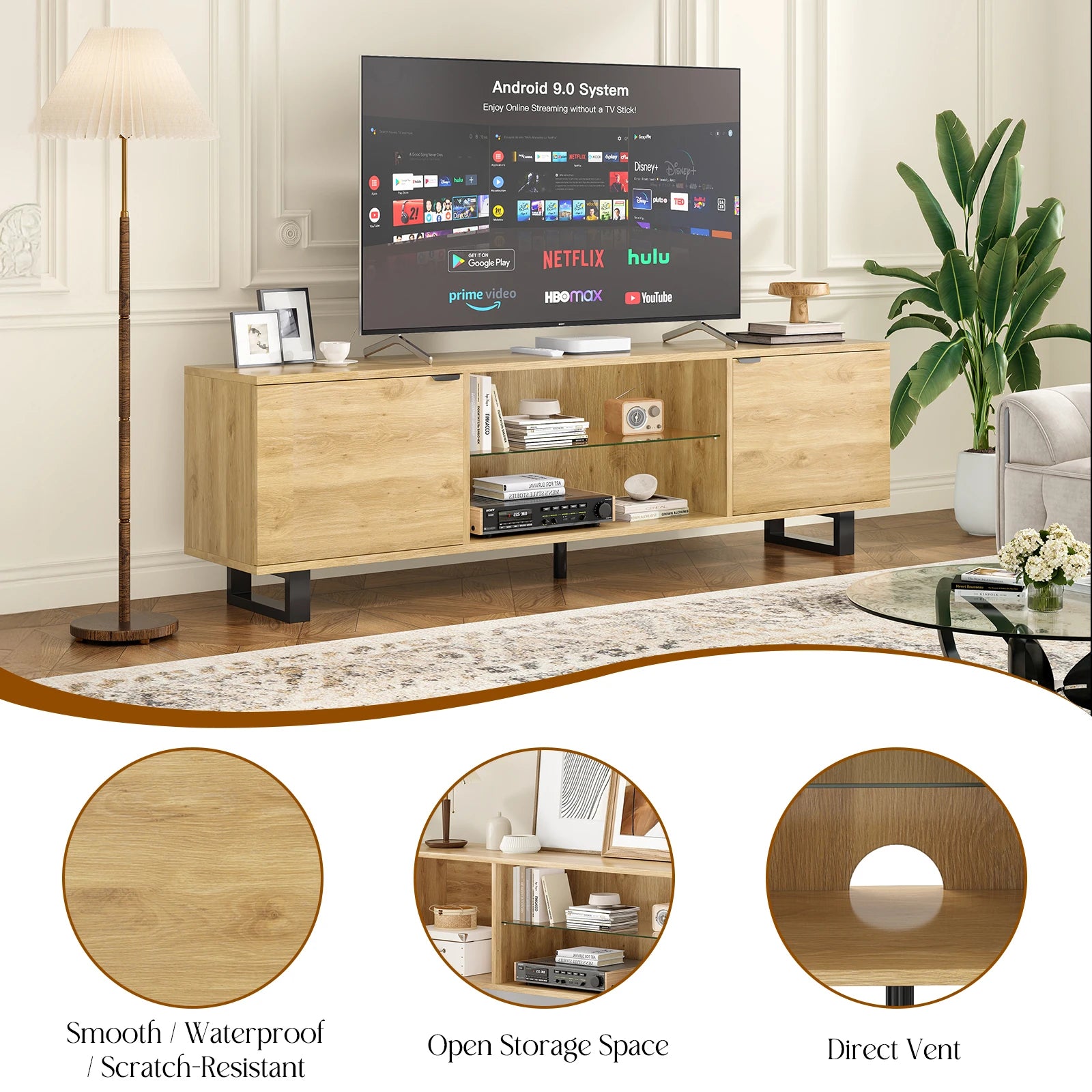 Modern TV Stand for up to 75" TV, Adjustable Glass Shelves, Wood Top & Metal Legs, Entertainment Center for Living Room