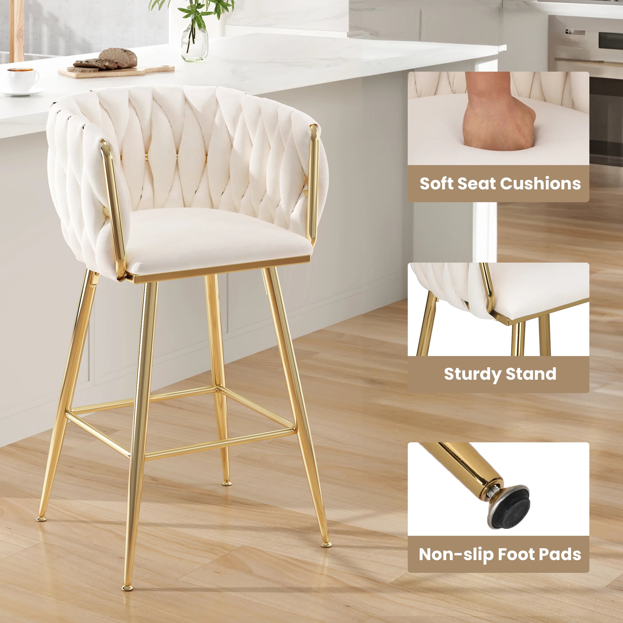 Set of 2 26" Bar Stools, Modern Mid-Century Kitchen Stools with Back, Metal Legs, for Kitchen, Dining Room