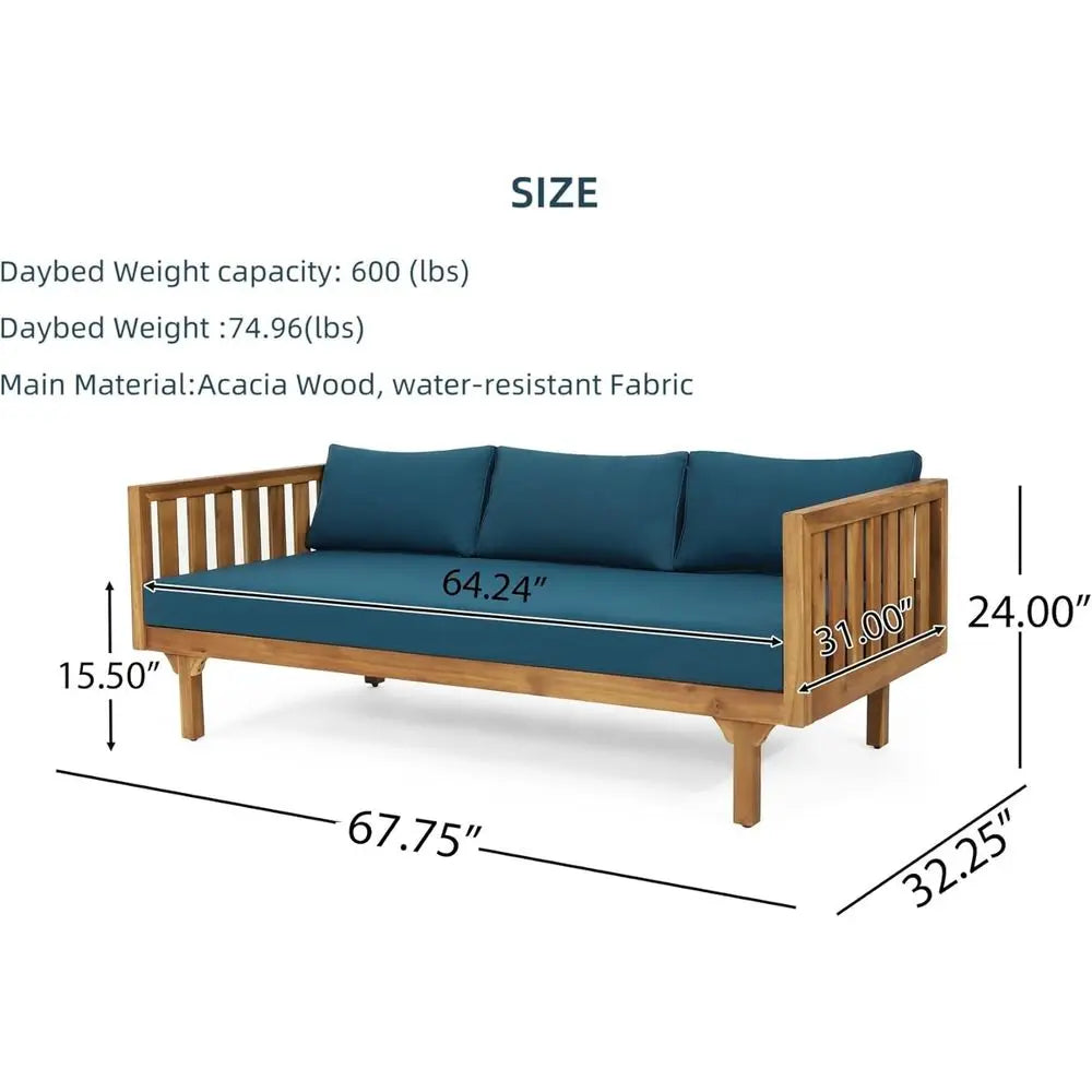 3-Seater Acacia Wood Daybed with Water-Resistant Cushions for Outdoor Patio and Garden, Blue