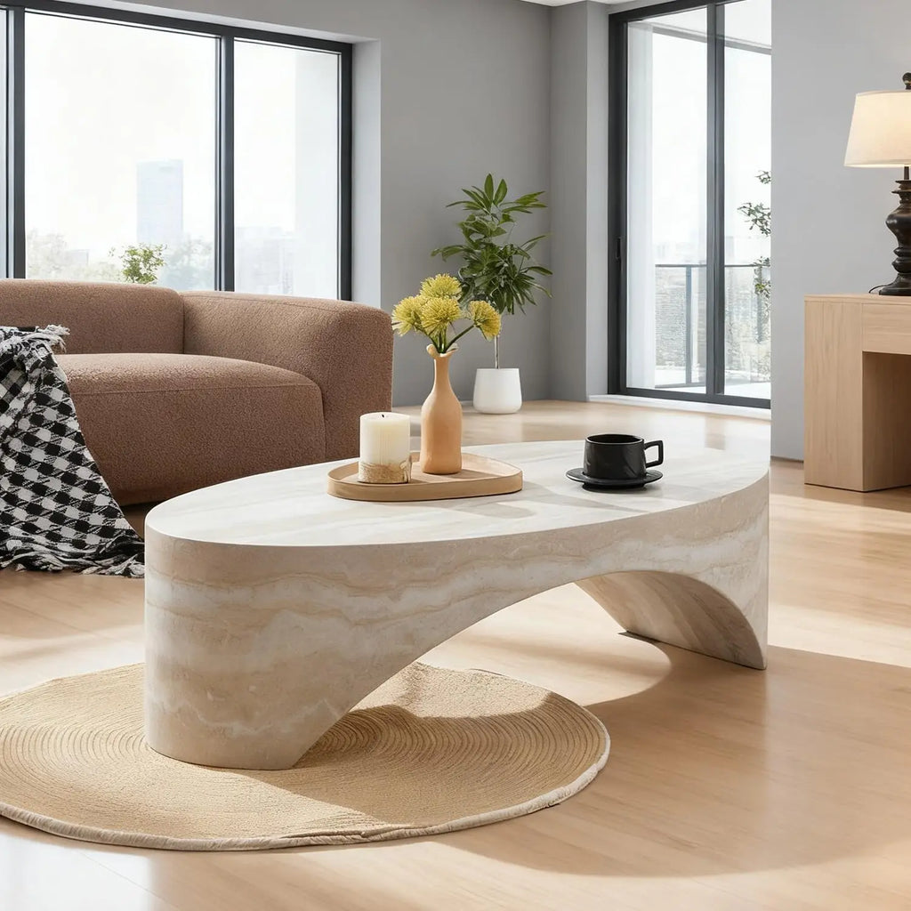 43.31'' Modern Coffee Table, Oval Faux Marble Coffee Tables Arched, Minimalist Accent Center Table, Bridge Stone Side End Table