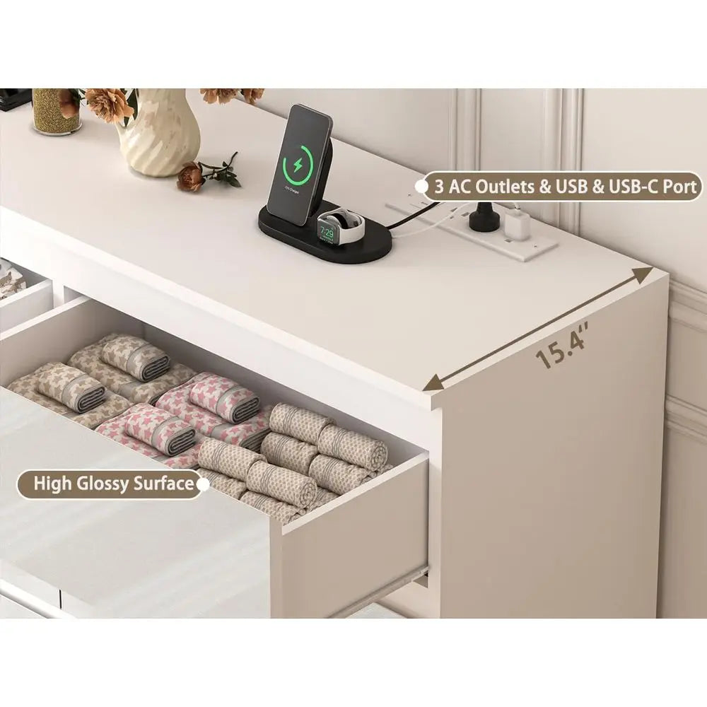 70 Inch Wide High Gloss White Chest of Drawers with Power Outlet for Large Storage in Bedroom