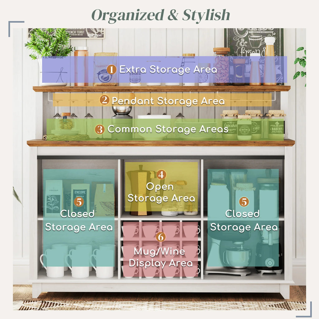 HOMCOM Farmhouse Coffee Bar Cabinet with Smart App Control LED Lights, 55" Wine Bar Cabinet with 12-Bottle Rack, Glass Holder, Kitchen Sideboard Buffet with Sliding Mesh Doors, Distressed White